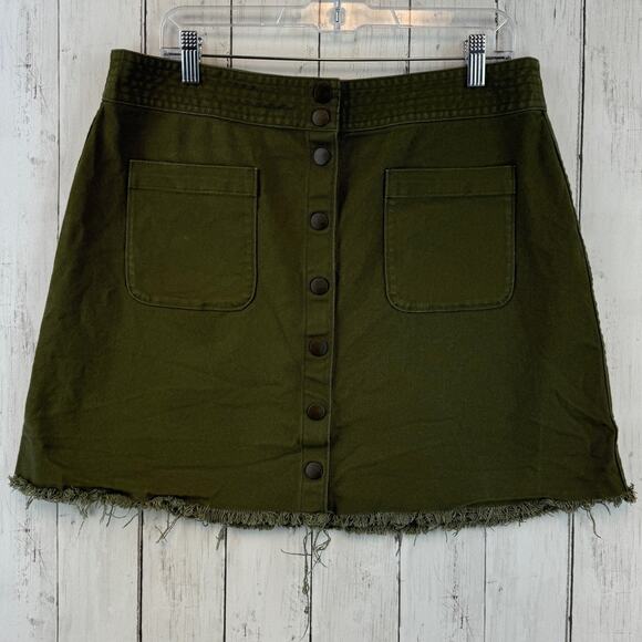 Madewell Kale Green Stretch Raw Hem  Button Fly A-Line Mini Skirt Plus Size 14 - Picture 5 of 16